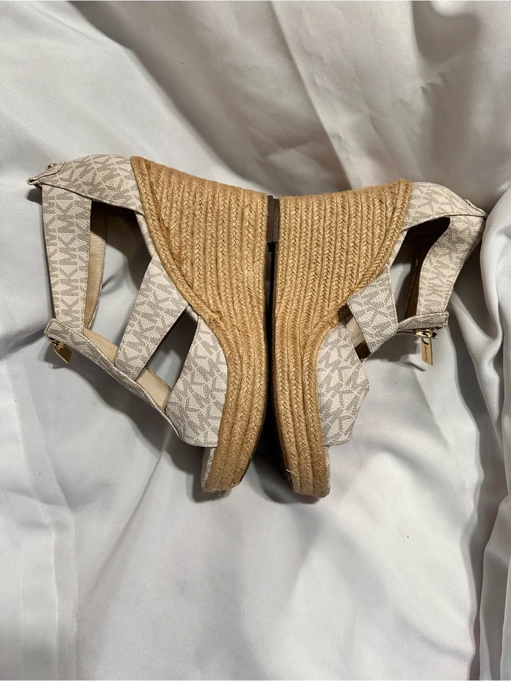 Michael Kors Beige Logo Espadrille Wedge Sandals with Front Zip